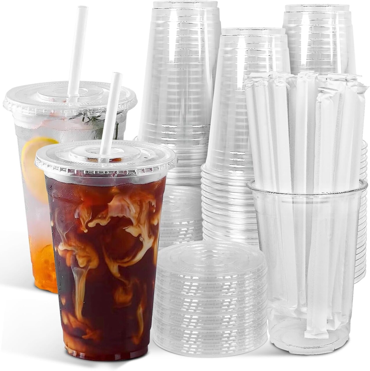 100-Pack 20oz Clear Plastic Iced Coffee Cups with Lids and Straws, Disposable To Go Cups for Smoothies, Milkshake, Cold Beverages